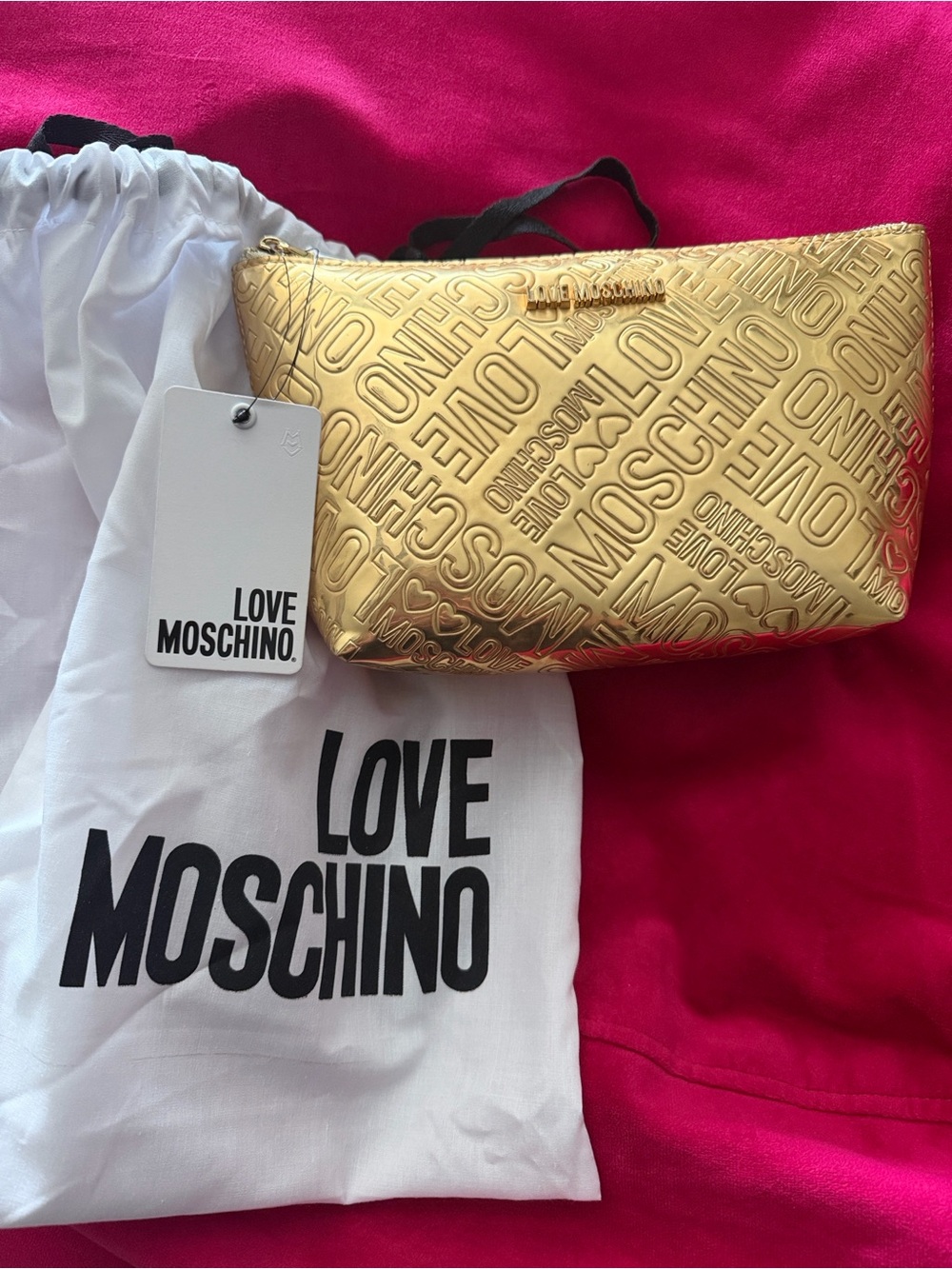 Love Moschino Metallic Gold Embossed Cosmetic Pouch with dust bag